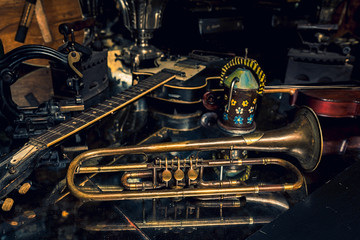 Collection of old instruments with a grunge decor