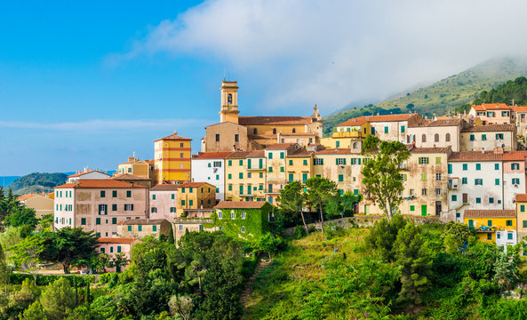 Beautiful cityscape over Rio nell`Elba village on Elba island, Tuscany region, Italy