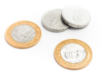 Brazilian Money. Coins of One Real and Fifty cents on white back