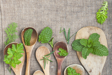 fresh herbs and wooden spoons on a linen background
