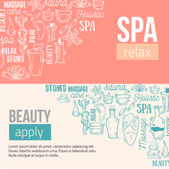 Outline Spa & Beauty colorful banner design with typography. Natural cosmetics set  bottles, candles, cream, stones