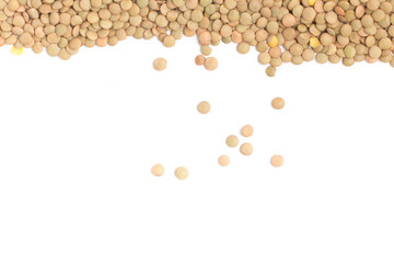 Raw Lentils frame on white background. (Lens culinaris)