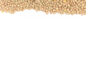 Raw Lentils frame on white background. (Lens culinaris)