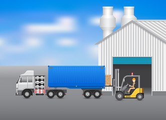 Naklejka premium Vector of driver or worker loading goods, crate box into storage of cargo container on trailer truck at dock, port by forklift for logistic, shipping, delivery. Freight transport distribution industry