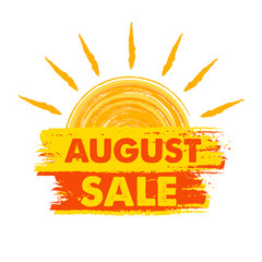 august sale with sun sign, yellow and orange drawn label - obrazy, fototapety, plakaty