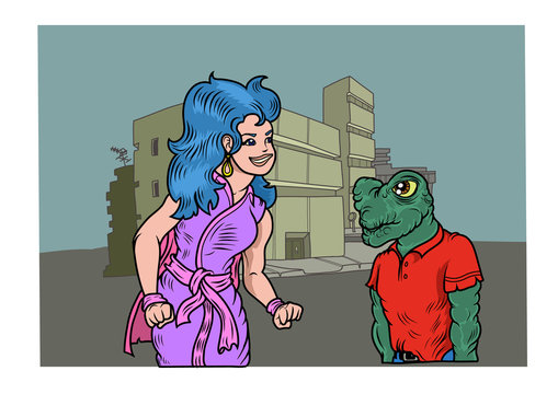 A bluehead girl with a reptile monster man with some buildings in the background. Vector Illustration