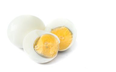 Closeup Peeled boiled egg and half egge on white background , food menu concept
