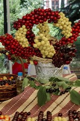 Feast of cherry fruit in the Kyustendil, presentment out their production of raw fruit, jam and grape, Bulgaria 