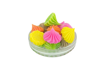 Aalaw candy, colorful Thai dessert with sugar crust and soft chewy inside made from flour,selective focus