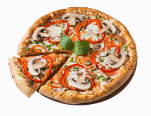 Tasty pizza with mushrooms and vegetables  isolated