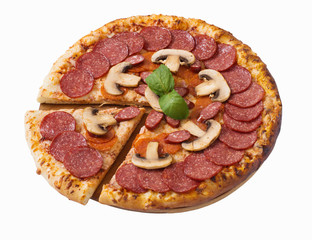 Tasty pizza with pepperoni and mushrooms isolated