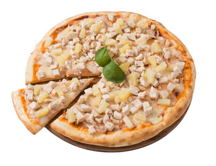 Tasty pizza with chicken and pineapple isolated