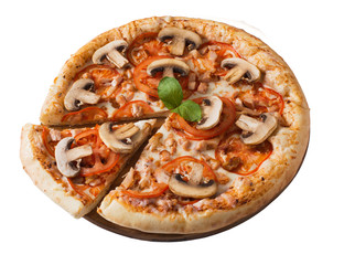 Tasty pizza with meat, mushrooms and tomato isolated