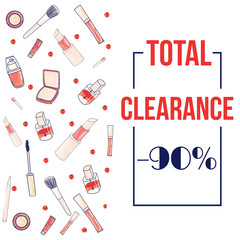 Colorful cosmetic items banner sale promotion isolated on white background. Make-up illustration.