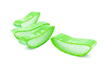 Closeup fresh aloe vera slice on white background, beauty and healthy care concept, selective focus