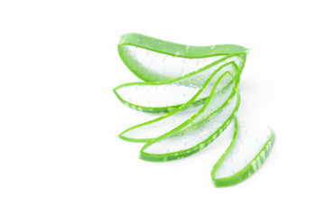 Closeup fresh aloe vera slice on white background, beauty and healthy care concept, selective focus