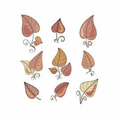 Set of hand-drawn and painted decorative leaves. Autumn colors.