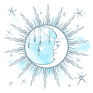 Blue crescent moon with moonstone pendants and stars vector illustration