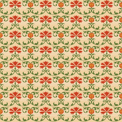 Antique seamless background image of spiral curve green vine red flower
