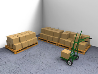 Warehouse with hand truck. 3d render.