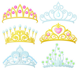 Set of princess crowns (Tiara) isolated on white. Vector illustration. - obrazy, fototapety, plakaty