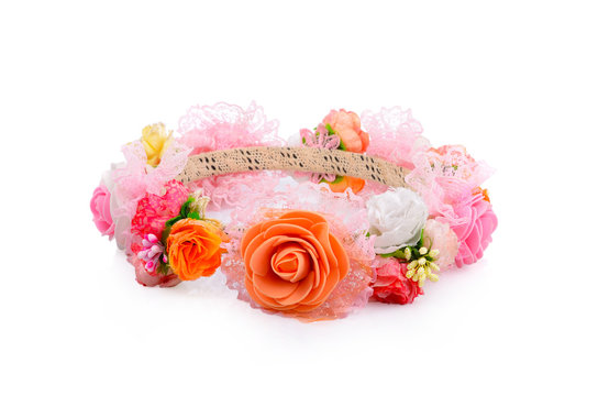 wreath of fabric flowers isolated on white