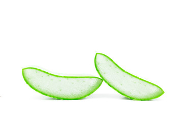Closeup fresh aloe vera slice on aloe vera leaf with white background, beauty and healthy care concept, selective focus