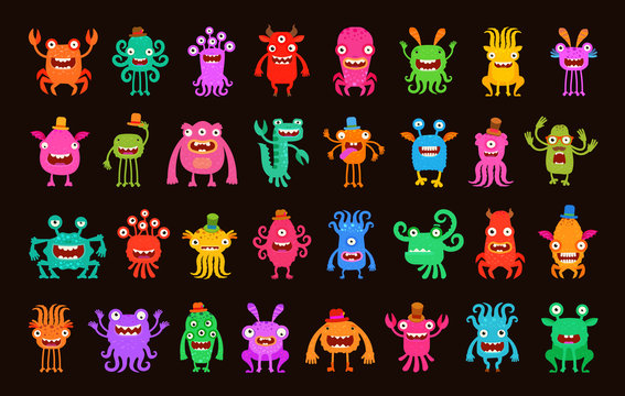 Big Collection Of Cartoon Funny Monsters. Vector Illustration