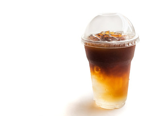 Closeup ice of americano coffee on white background