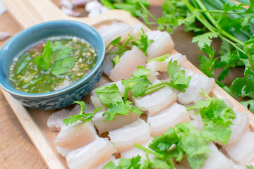 Boiled streaky pork dip,Thai-food.
