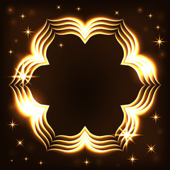 Gold frame light tracing effect. Glowing bright magic fire flower. Sparkle swirl trail on black background. Bokeh glitter wavy line with sparkling stars flash lights. Shiny design. Vector illustration