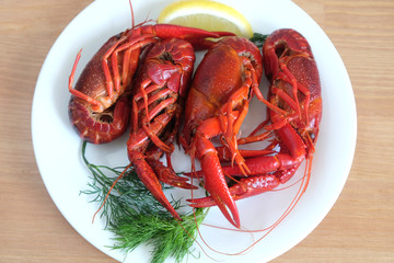 Boiled crayfish color with lemon and dill lie on a round white plate on a wooden table surface. Top view close-up