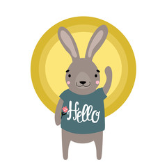 Fashion illustration of cute rabbit in t-shirt and word Hello