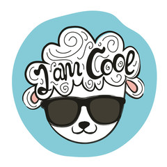 Vector illustration with stylish sheep head in sunglasses. I am cool quote
