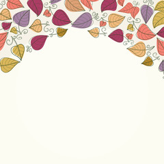 Decorative frame of hand-drawn and colored leaves. Vector graphics.
