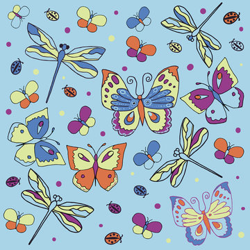 Butterflies, dragonflies and ladybugs.