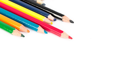 Colorful of colored pencils on white background, selective and soft focus