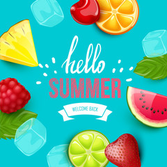 Summer colorful poster. Vector background with fruits. Hello summer handwritten text.
