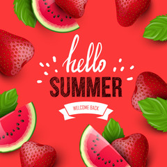 Summer colorful poster. Vector background with fruits. Hello summer handwritten text.