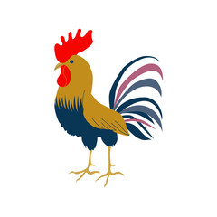Bright cockerel on a white background. A lovely illustration of a rooster in flat style.