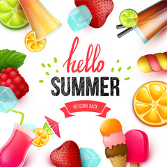Summer colorful poster. Vector background with fruits. Hello summer handwritten text.