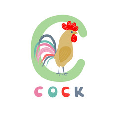 Bright cockerel on a white background. Cute illustration of a rooster in flat style.