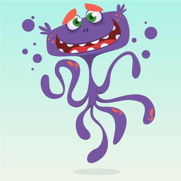 Happy cartoon octopus. Vector Halloween purple octopus character isolated