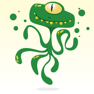 Happy cartoon octopus. Vector Halloween green monster with one eye and tentacles isolated