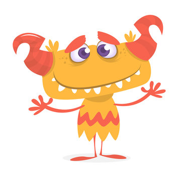 Happy orange monster. Vector Halloween horned monster mascot 