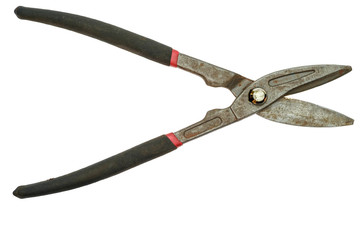 Old shears for cutting sheet metal isolated on white