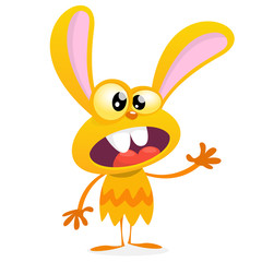 Cute yellow monster rabbit. Halloween vector bunny monster with big ears waving. Isolated on white