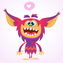 Happy cartoon gremlin monster in love. Halloween vector goblin or troll with pink fur and big ears. Isolated - obrazy, fototapety, plakaty