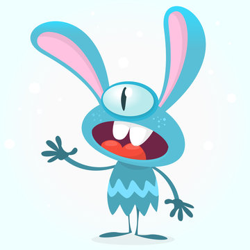 Cute blue monster rabbit. Halloween vector bunny monster with one big eye presenting. Isolated on white