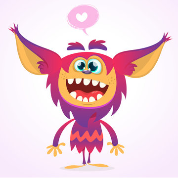 Happy cartoon gremlin monster in love. Halloween vector goblin or troll with pink fur and big ears. Isolated